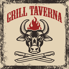 Grill taverna. Bull head with two crossed knives on grunge background. Vector illustration