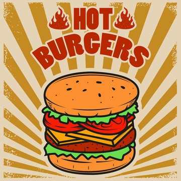 Best burgers. Hamburger illustration on grunge background. Design element for poster, restaurant menu. Vector illustration