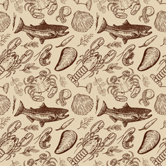Seafood hand drawn seamless pattern. Design element for poster, wrapping paper. Vector illustration