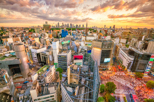 Shibuya Crossing from top view in Tokyo