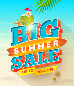 Big summer sale design - Summer vacation vector illustration with surfboard and exotic coconut cocktail.