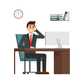Businessman sitting at desk in bright office, talking on mobile phone and smiling. cartoon guy characters in the suit, working at computer at computer. Happy yound people smiling. Flat design.