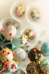 Fototapeta na wymiar Colorful sprinkles on chocolate cake pops