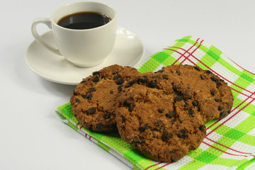 Coffee cup with oatmeal cookie chocolate on white background