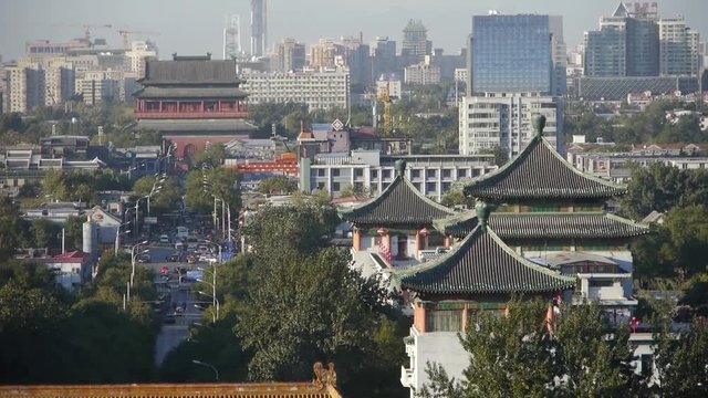 Panoramic of China ancient tower architecture & urban high rise building.Beijing Forbidden City,DiAnMen.