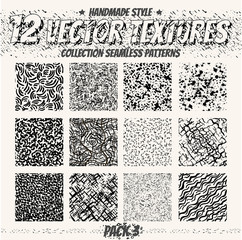 Collection monochrome seamless textures for digital design. Vector patterns for web, textile, fabric and other. Hand-draw dots, lines and all elements.