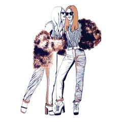 Fashion models. Sketch. Handdrawn Fashion illustration.