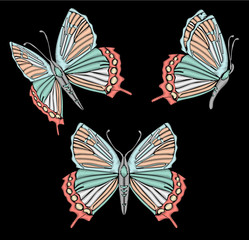 Embroidery ethnic butterfly, line design fashion wearing. Vector vintage , decorative element for embroidery, patches and stickers Set of butterflies in different views