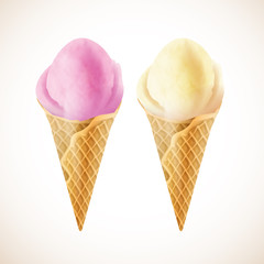 Berry and vanilla ice-cream ball in a waffle cone. Realistic illustration of fresh summer dessert.