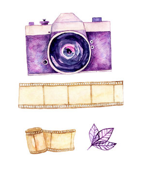 Watercolor hand painted vintage camera with film isolated on white. Designer clipart