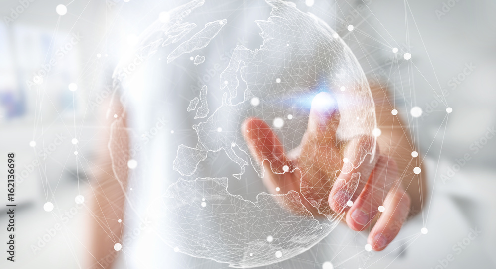 Poster businessman touching global network on planet earth 3d rendering