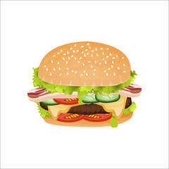 burger. Junk food yummy meat bacon cheese and vegetable hamburger isolated background