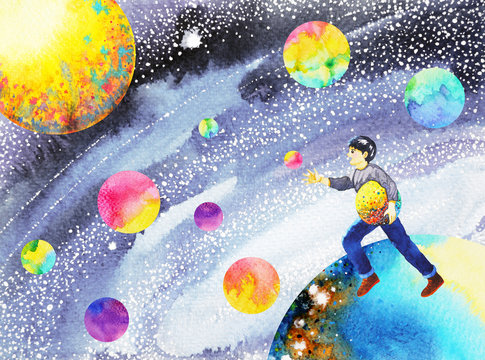 catch your dreams, happy boy running to successful in the universe, watercolor painting hand drawn illustration design