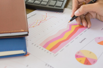 Businessman check profit document and calculate about and note data cost at home ,Finance managers task,Concept business and finance