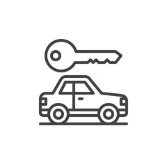 Car and key line icon, outline vector sign, linear style pictogram isolated on white. Rent a car Symbol, logo illustration. Editable stroke. Pixel perfect graphics