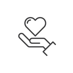Hand holding heart line icon, outline vector sign, linear style pictogram isolated on white. Hand giving love symbol, logo illustration. Editable stroke. Pixel perfect graphics