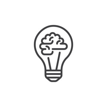 Light Bulb And Brain Line Icon, Outline Vector Sign, Linear Style Pictogram Isolated On White. Creative Idea Symbol, Logo Illustration. Editable Stroke. Pixel Perfect Graphics