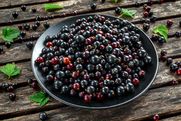 Fresh Juicy black currants in a plate on wooden rustic table