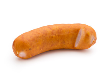 Sausage and spices isolated on white background, fresh delicious frankfurter.