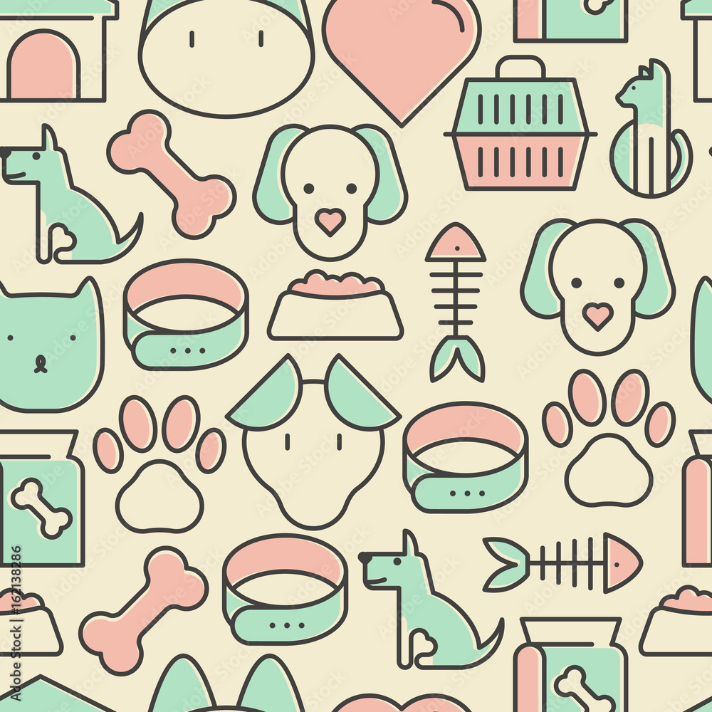 Poster seamless pattern and background with thin line icons related to pets and animals for pet shop websit