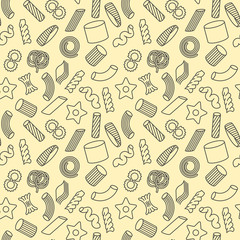 Seamless pattern with different types of Italian pasta for menu background of restaurant or cafe. Thin line vector illustration.