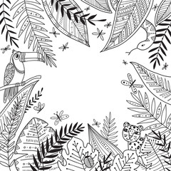 Vector jungle frame with exotic plants in boho tribal style