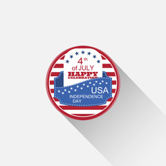 Vector round web element for Independence Day with red stripes, blue pocket, white insert, stars, text and long shadow on the light gray background.