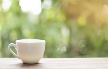 Morning coffee in garden.