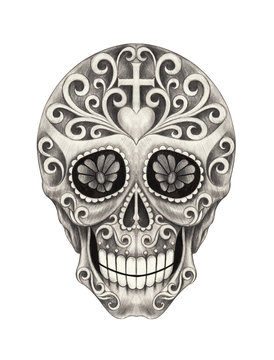 Sugar Skull day of the dead. Hand pencil drawing on paper.