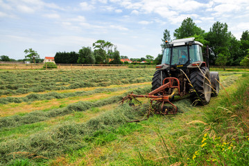 jeune agricultrice retournant le foin