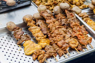 Meat skewers at a street stall in Popayan, Colombia