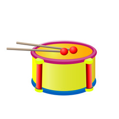 Obraz na płótnie Canvas Drum with sticks children's musical instrument isolated on a background. Vector