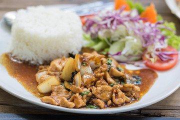 Close up rice topped with stir-fried pork and basil.