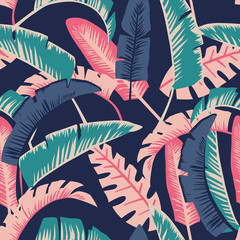 Cartoon palm leaves seamless dark blue background