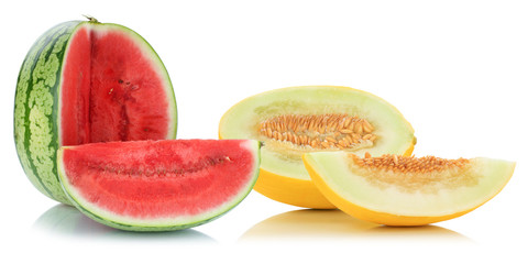 Melonen Honigmelone Wassermelone geschnitten tropisch Früchte Frucht Obst Sommer Freisteller...