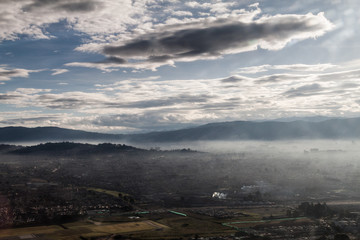 Misty morning aerial view of Bogota, capital of Colombia