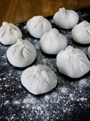 Raw khinkali, Georgian traditional dish, covered with flour