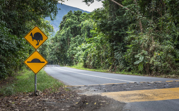 Road Sign Of Cassowary Crossing In Far North Queensland Australia