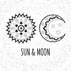 Vector hand drawn sun and moon on abstract dots background