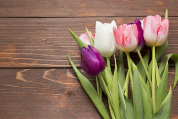 Tulips on the wooden background.Spring flowers
