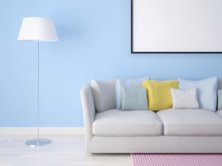 Mock up the living room with a compact sofa on a blue background.