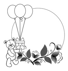 Black and white frame with Teddy bear toy with gift box. Vector clip art.