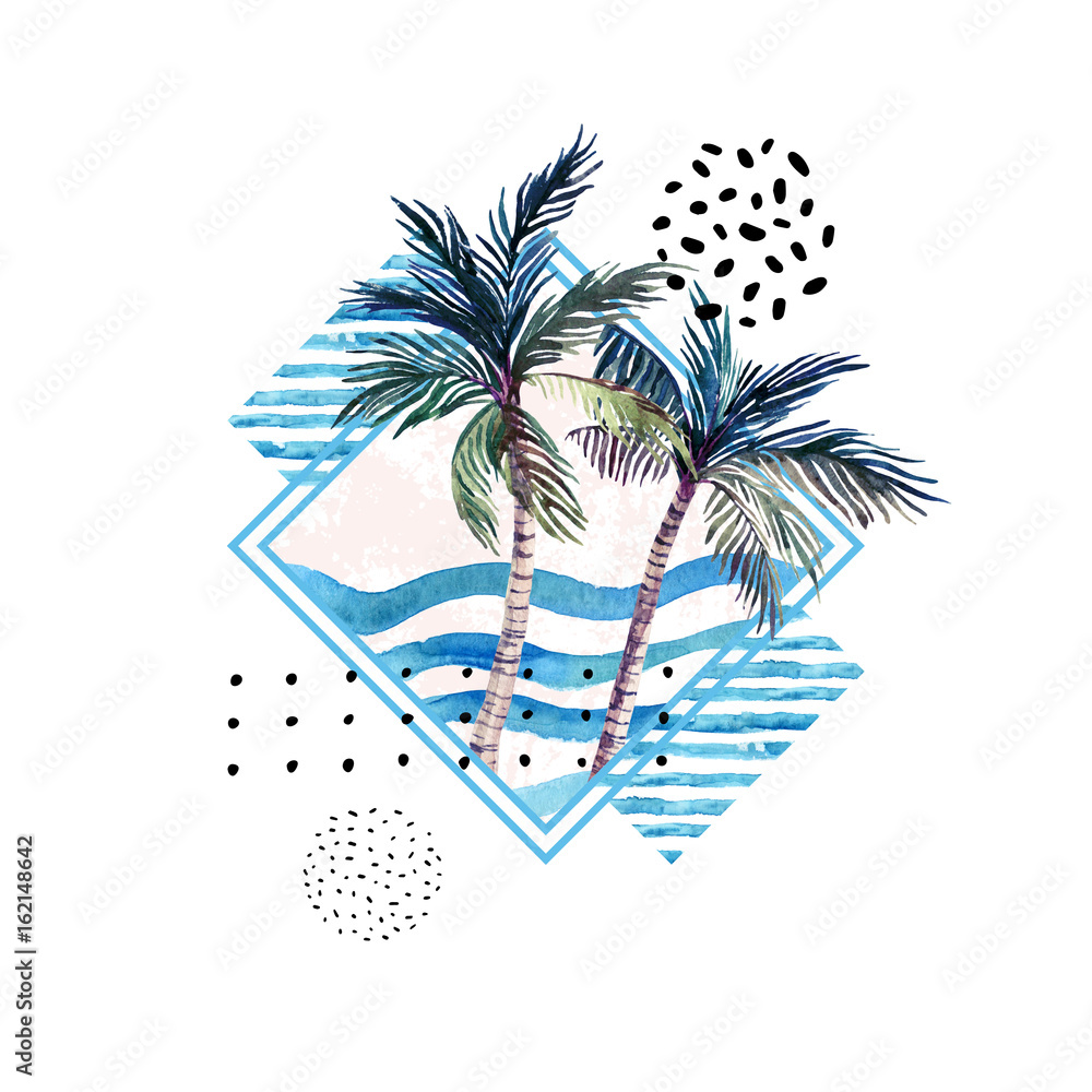 Sticker watercolor palm tree print in geometric shape with memphis elements isolated on white background.