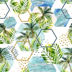 Papier peint Hexagone en marbre Feuilles tropicales d& 39 aquarelle et palmiers dans le modèle sans couture de formes géométriques