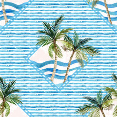 Panele Szklane Podświetlane  Akwarela palmy wydruku w geometrycznym kształcie na tle paski.