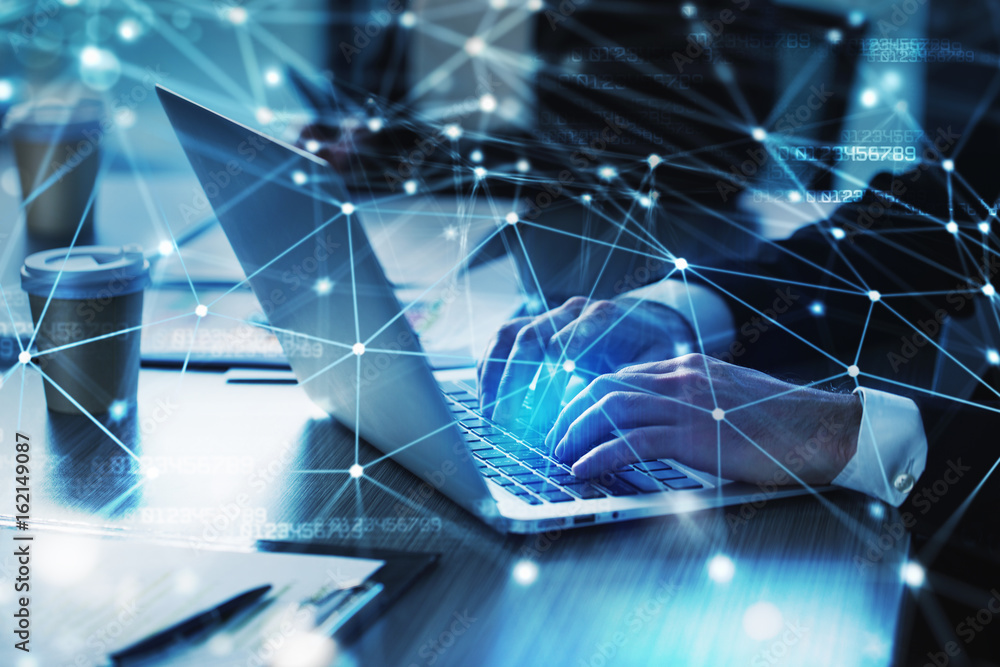 Aufkleber man working on a laptop. concept of internet sharing and interconnection