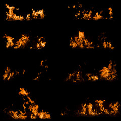 Fire flame isolated black background collection