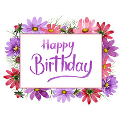 Wildflower kosmeya flower frame in a watercolor style isolated.