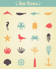 Obraz premium Sea icons and symbols set. Sea animals. Nautical design elements. Vector
