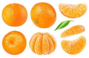 Isolated citrus collection. Whole tangerines or mandarin orange fruits and peeled segments isolated...